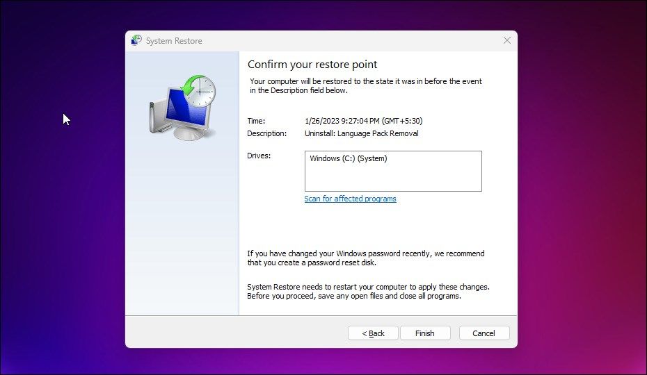 select restore point windows 11 finish