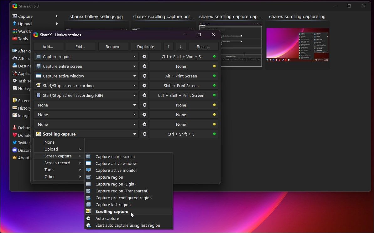 sharex hotkey settings scrolling capture hotkey