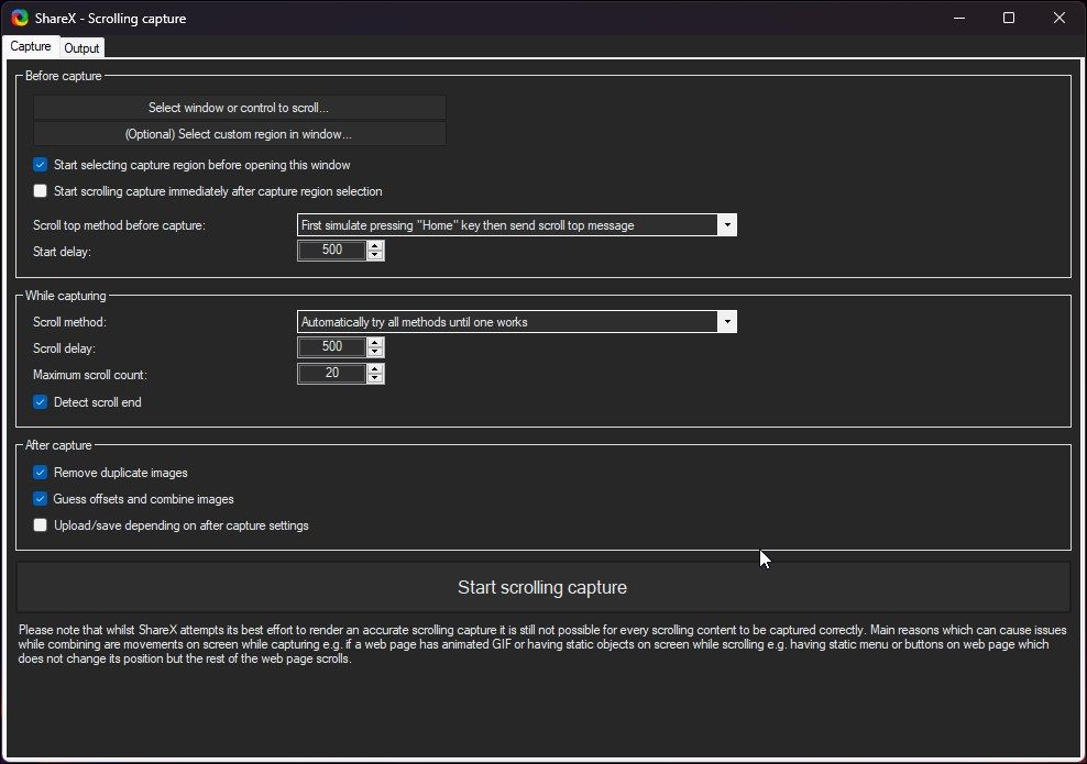 sharex scrolling capture capture output