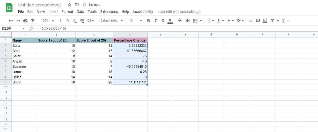 Percentage change of two sets of data in Google Sheets.