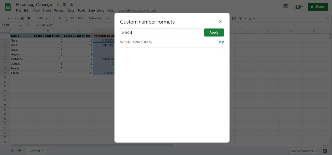 Custom formatting in Google Sheets to show percentage 