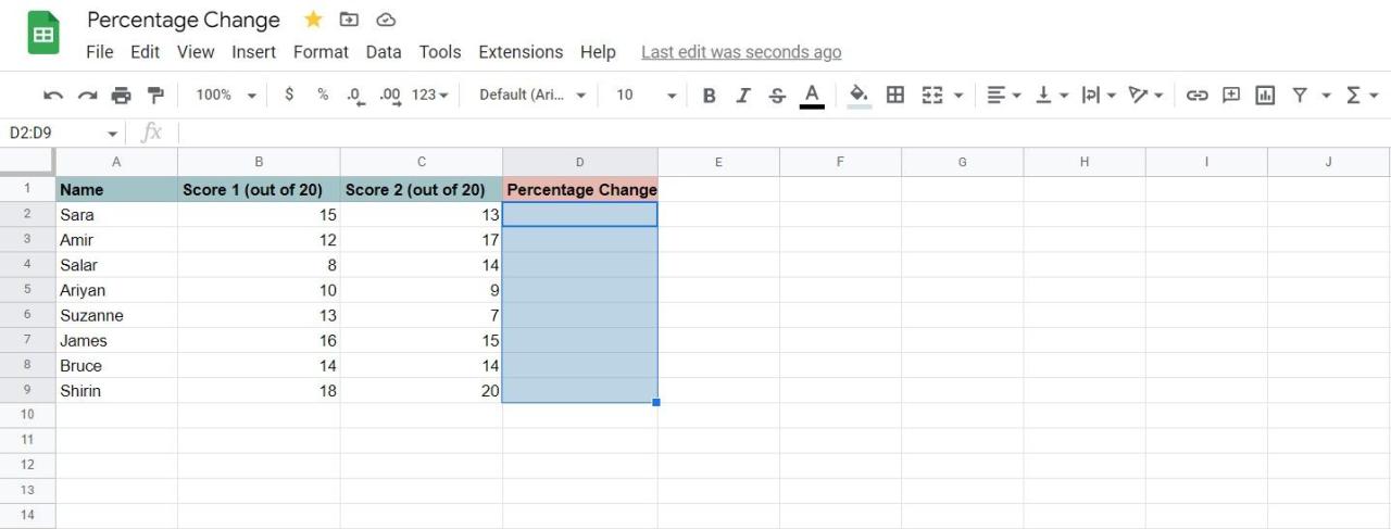 Two columns of numbers in Google Sheets for percentage change