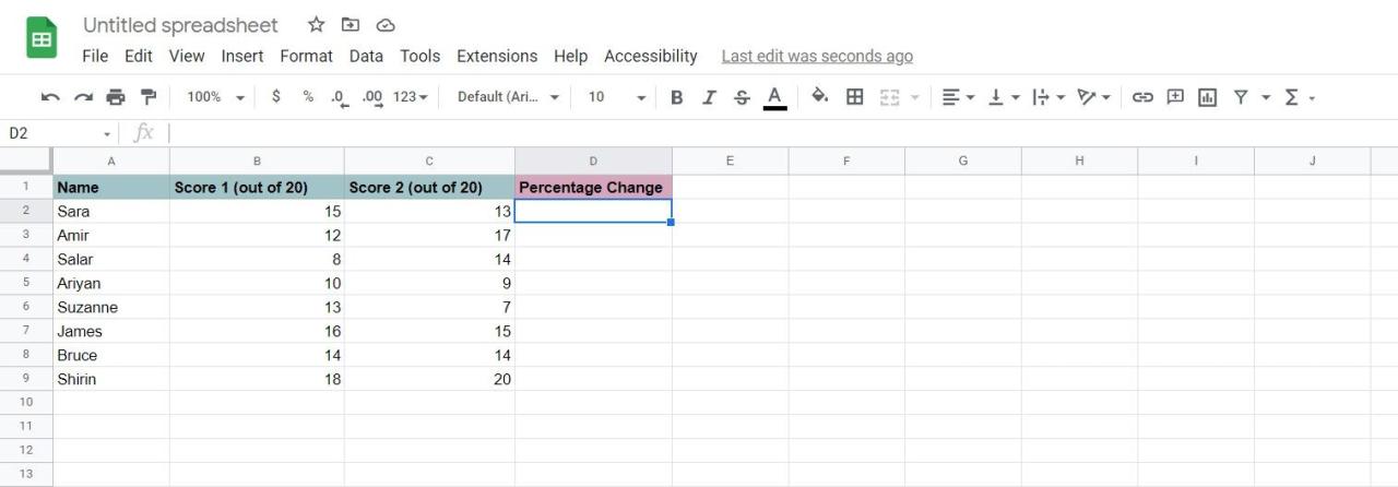 A sample sheet with two columns of values in Google Sheets.