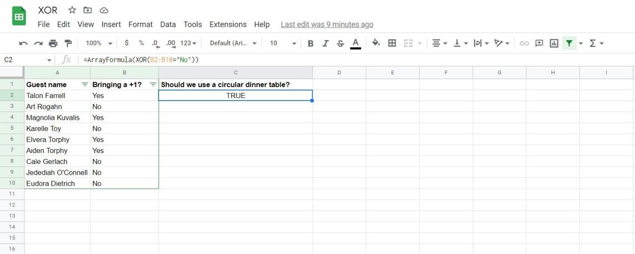 Determining whether the total number of guests is odd or even using XOR in Google Sheets