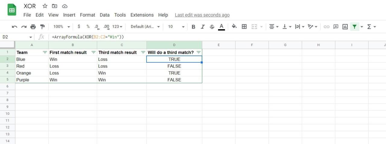 Using XOR in Google Sheets to determine the third match of a league