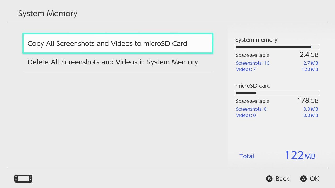 Nintendo Switch screenshot showing System Memory page with the Copy All Screenshots action selected