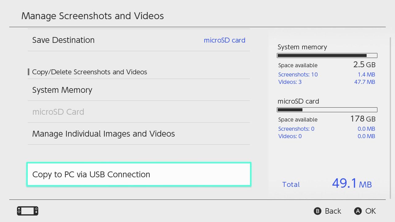 Nintendo Switch page showing action to copy screenshots to PC via USB