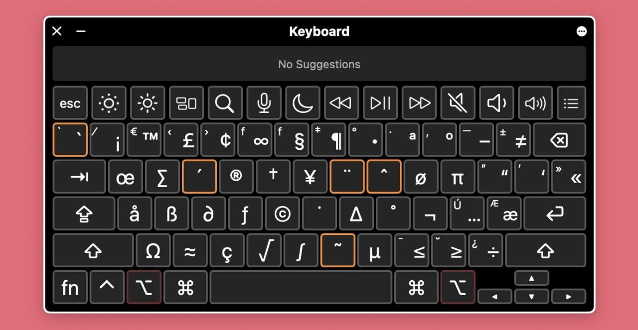 The Accessibility Keyboard displaying special characters