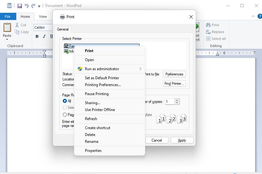 The Print dialog window 