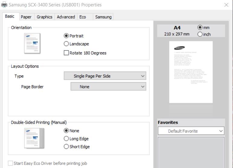 The printing properties window for a default printer