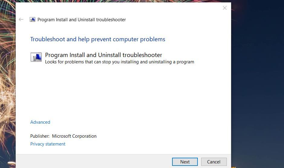 The Program Install and Uninstall troubleshooter