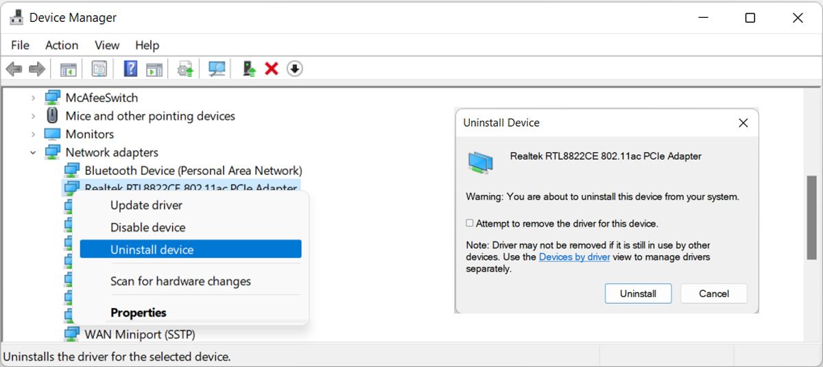 Uninstall network driver