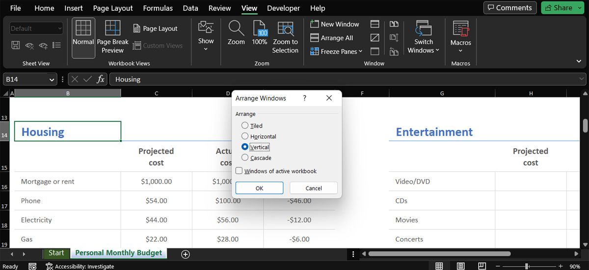 Switch windows view in Excel