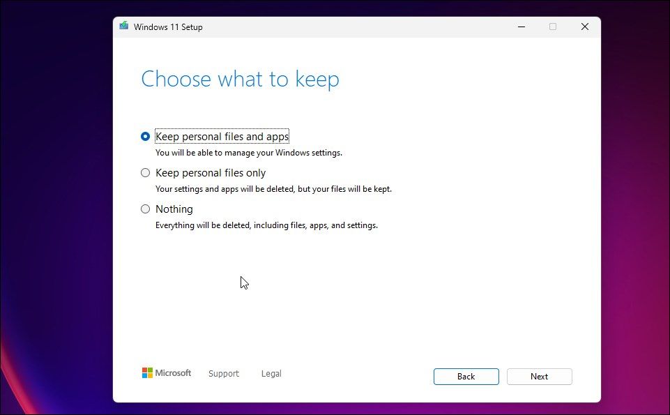 windows 11 setup choose what to install