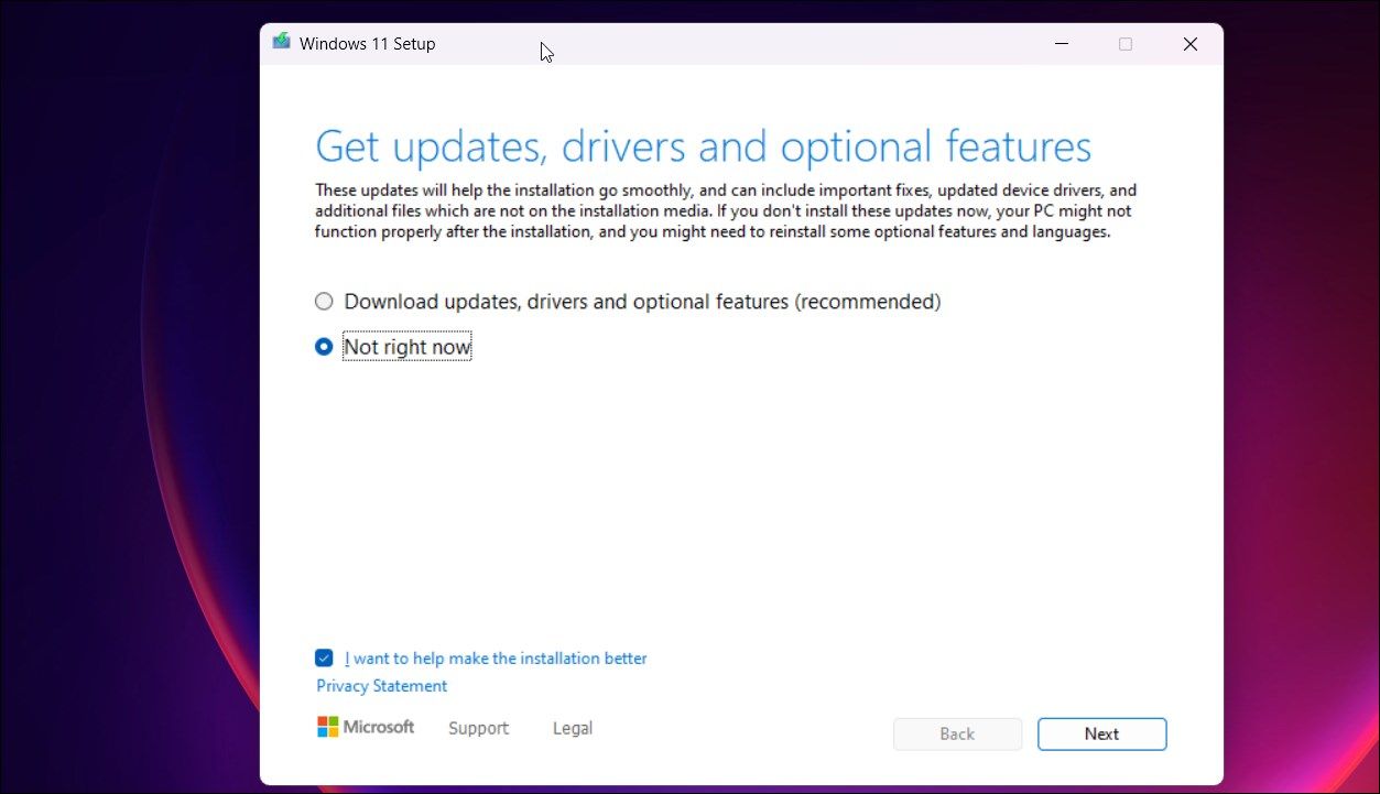 windows 11 setup not right now updates