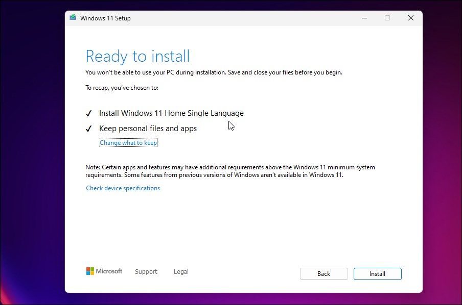 windows 11 setup ready to install