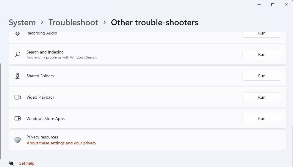 The troubleshooter list in Settings