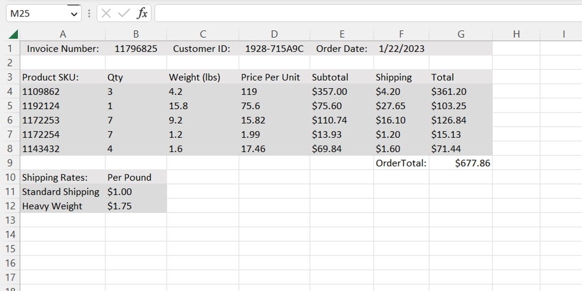 The Same Invoice as the Prior Image, But The Shipping Now Has a Variable Price Based on the total Weight of Each Line Item