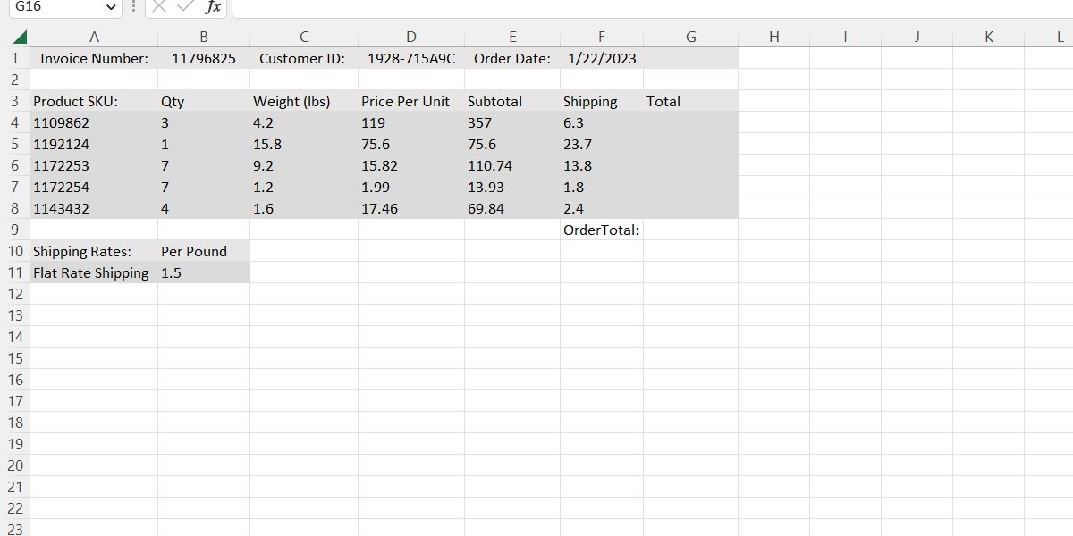 The Same Invoice as the Prior Image, But With a Column for a Shipping Added To The Righthand Side