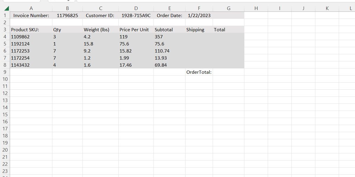 The Same Invoice as the Prior Image, But With a Column for a Subtotal Added To The Righthand Side