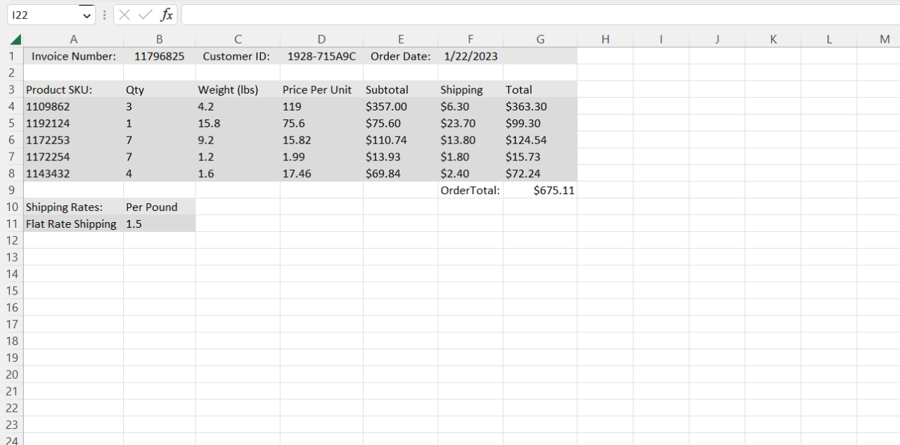 The Same Invoice as the Prior Image, But With a Column for a Totals Added To The Righthand Side. Additionally, Below the Line Items an Overall Order Total Has Been Added.