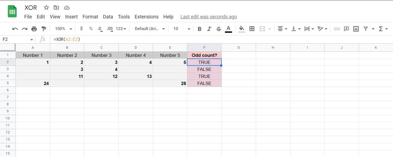 Using XOR in Google Sheets to determine whether a string has an odd count of numbers