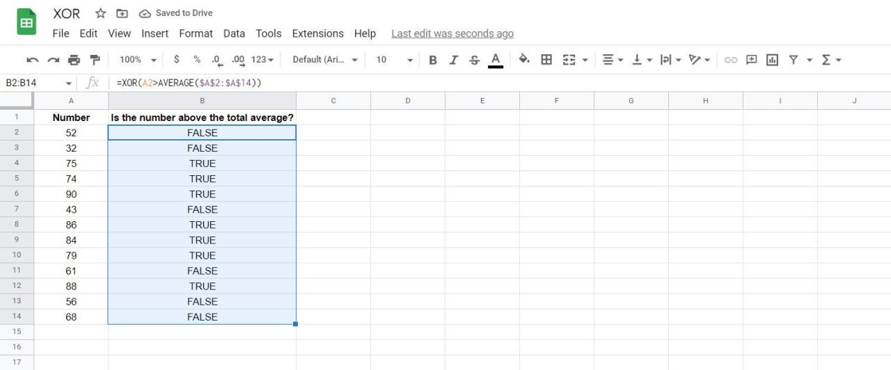 Using XOR in Google Sheets to determine if a number is above average