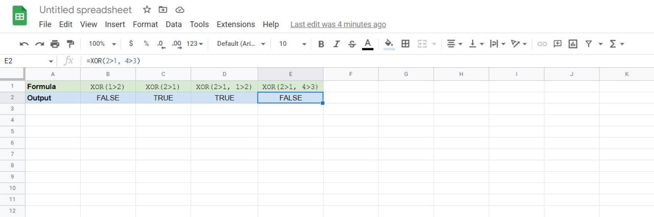 The XOR function in Google Sheets and it\'s reaction to different parameters