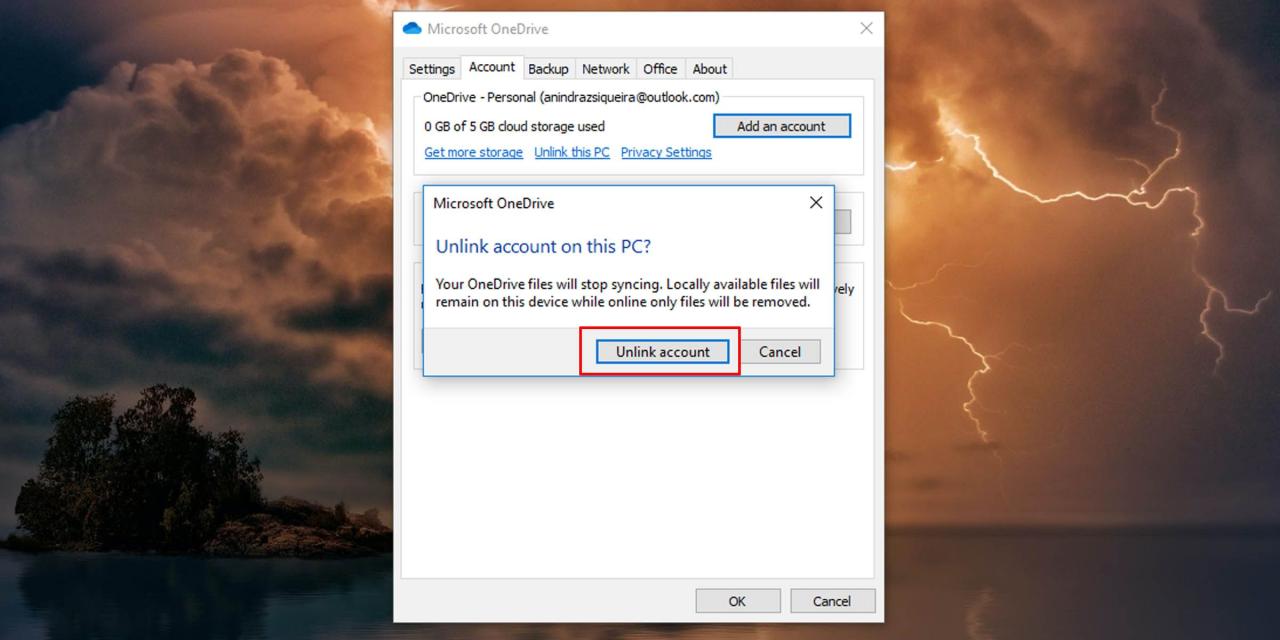 Unlink OneDrive sync on PC