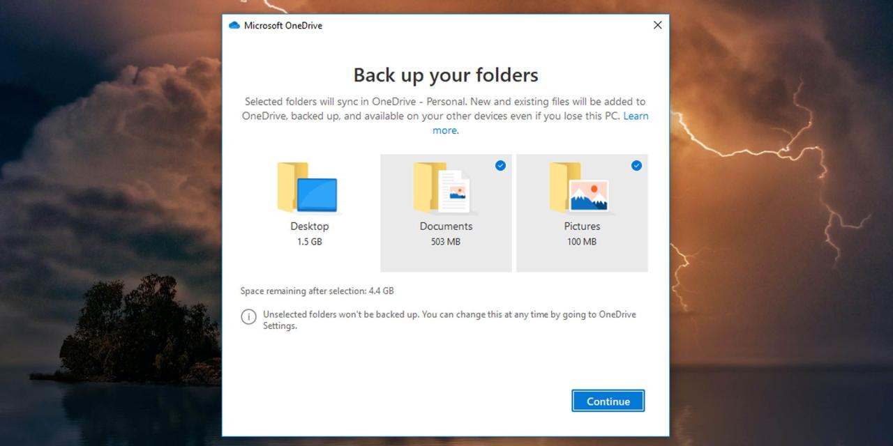 Select folders to sync with OneDrive