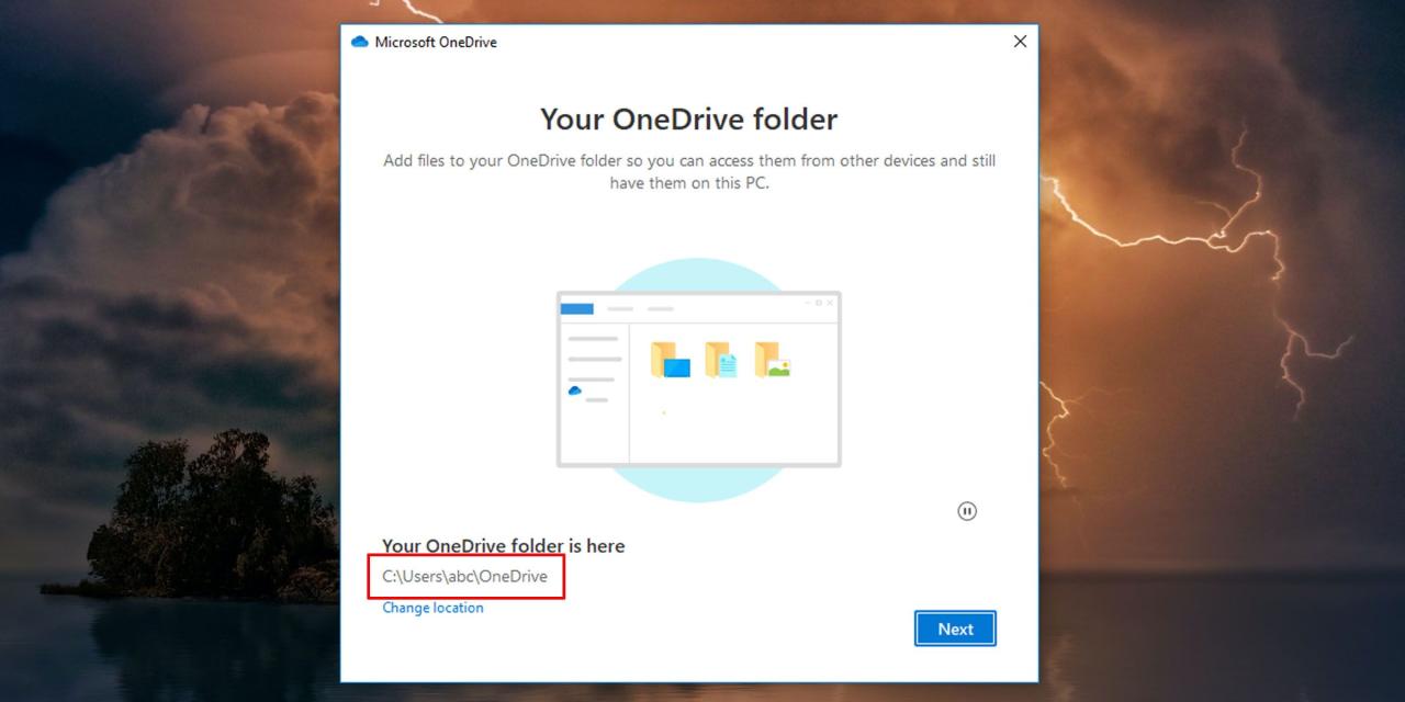 Choose where OneDrive is location on PC