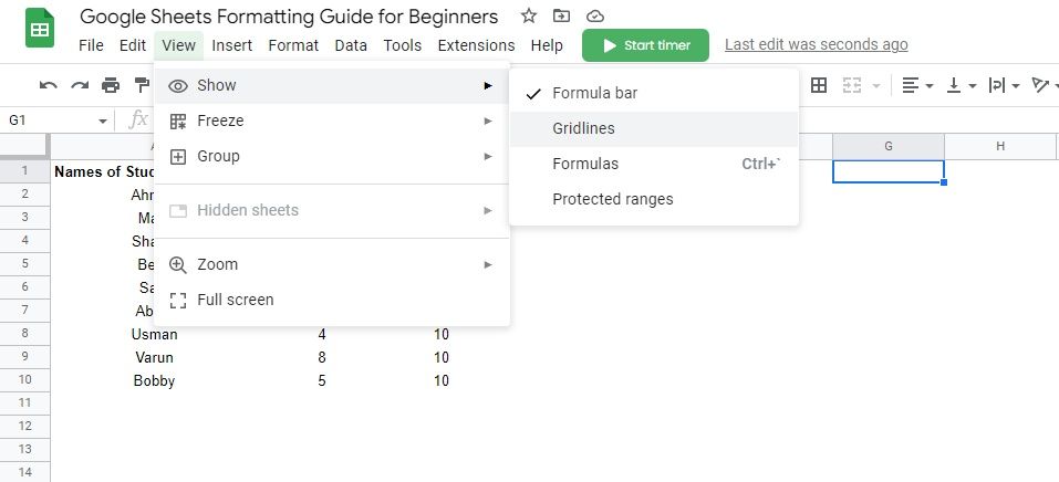 Remove gridlines in Google Sheets