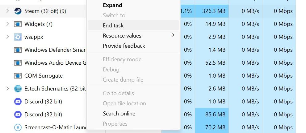 Click on End Task to End a Steam Process from Task Manager in Windows 11 