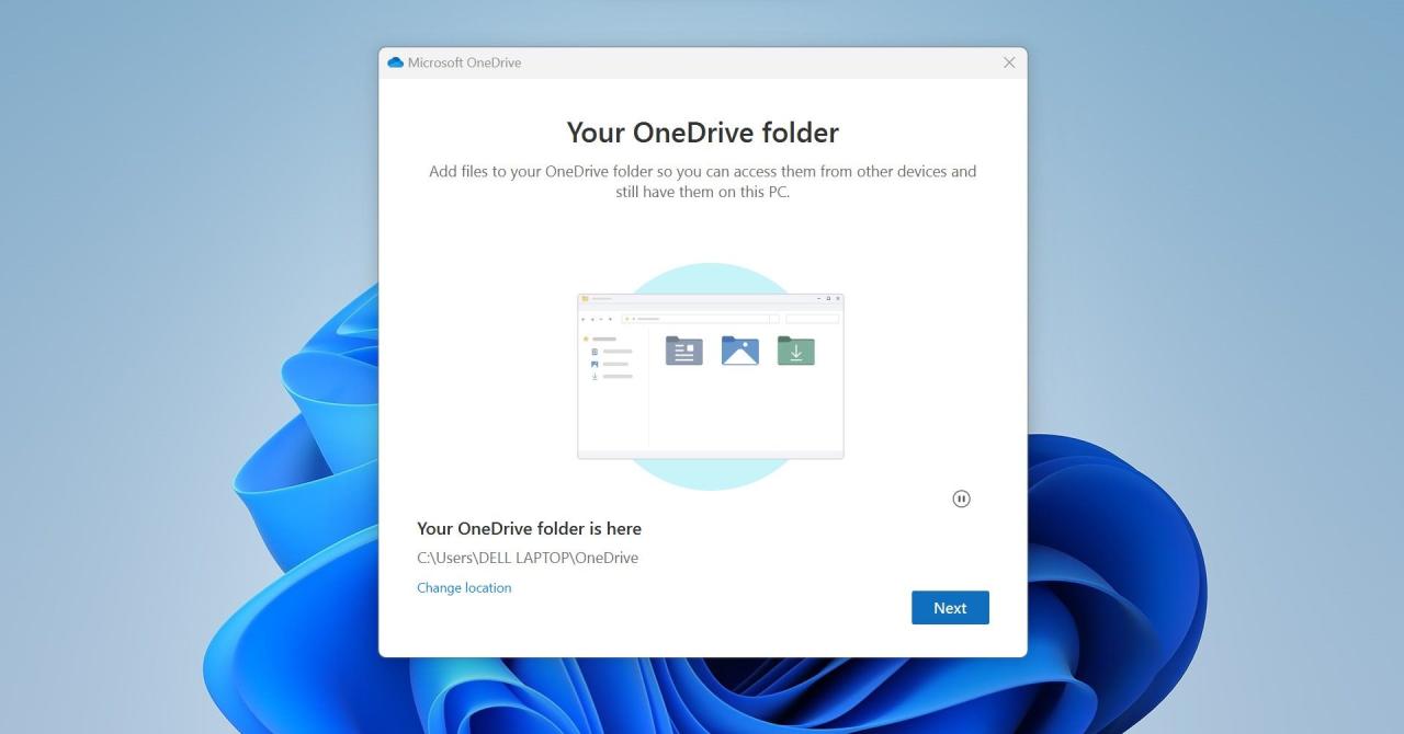 Click on the Next Button After Choosing OneDrive Folder Location