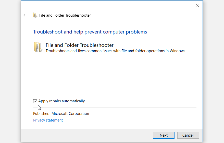 Checking the Apply repairs automatically box on the File and Folder troubleshooter