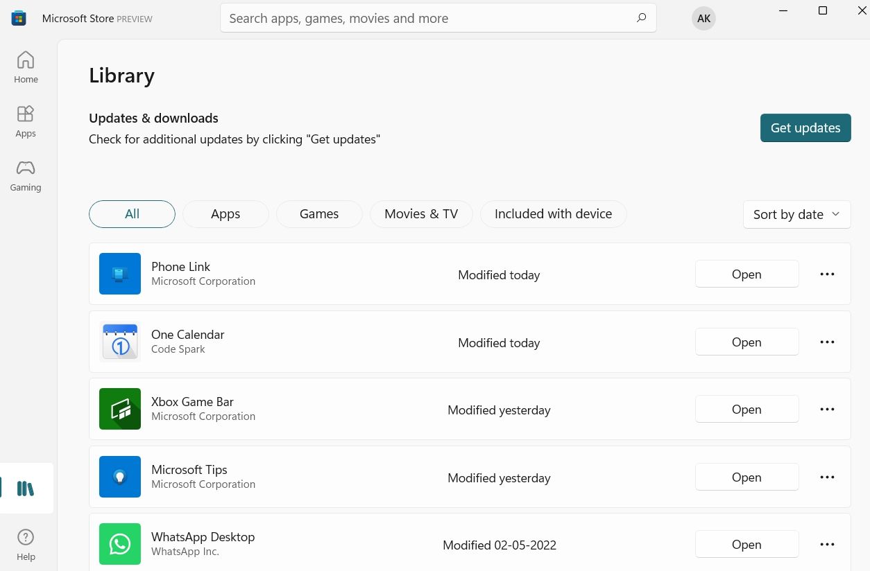 Microsoft Store app library