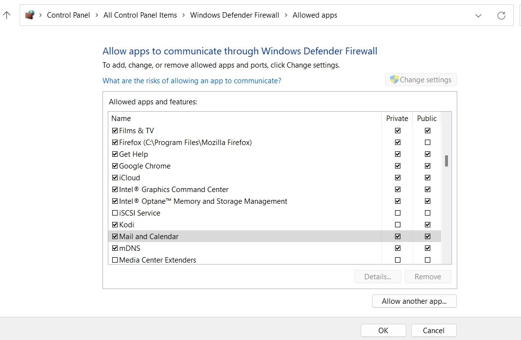 Windows Firewall allow an app through firewall screen