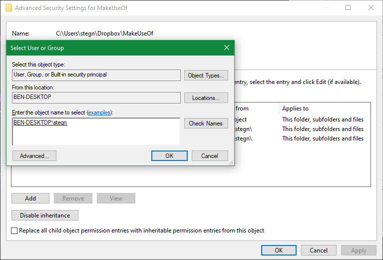 Select User Group Windows Permissions