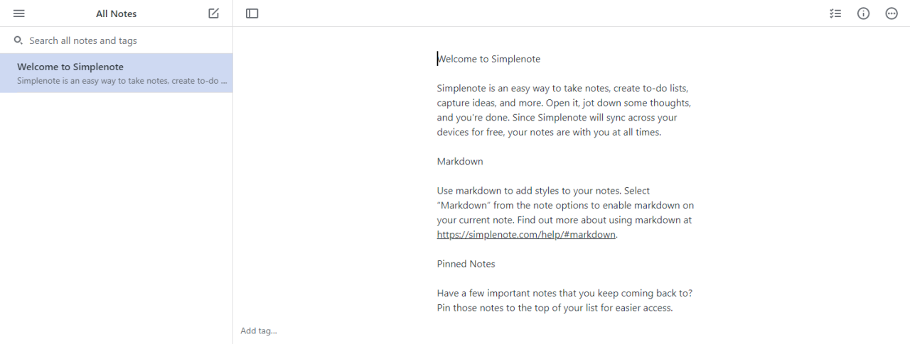 Screenshot of Simplenote\'s Interface