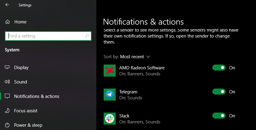 Windows 10 Notifications Settings