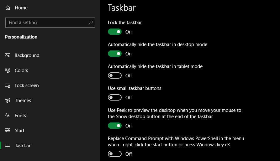 Windows 10 Taskbar Settings