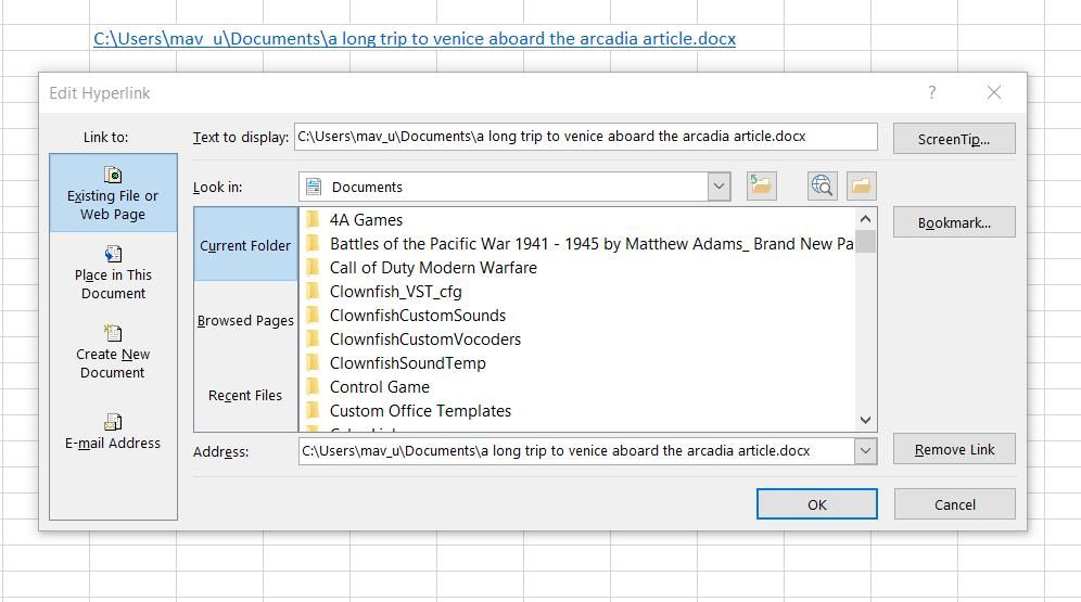 A document link in Excel spreadsheet