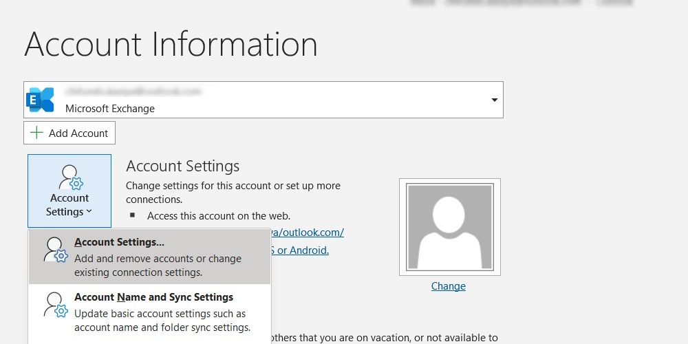 the Account Settings menu in Outlook with the Account Settings option selected