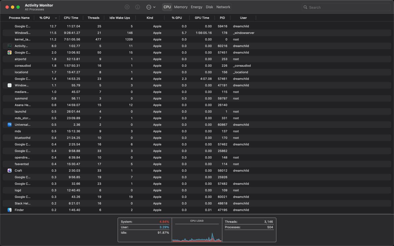 Activity Montor displaying CPU and GPU processes