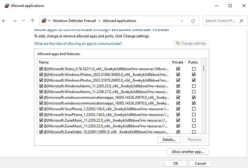 The firewall\'s allowed apps settings