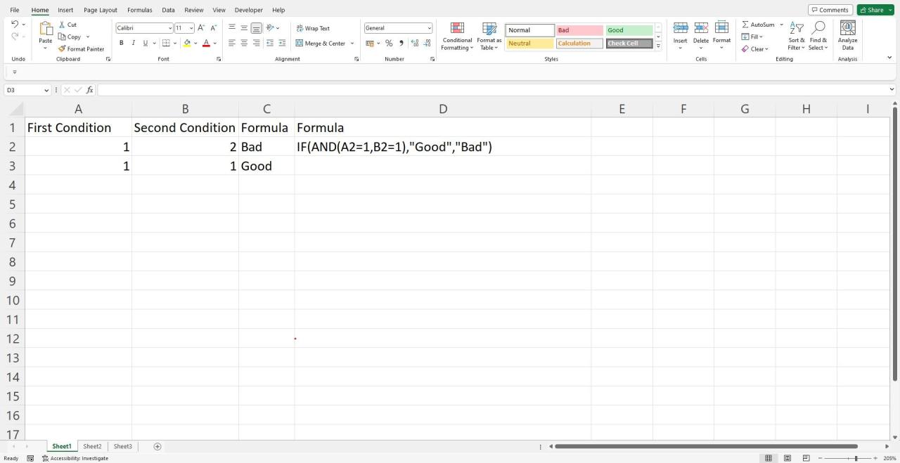 Sample data with the use of and function in an Excel spreadsheet