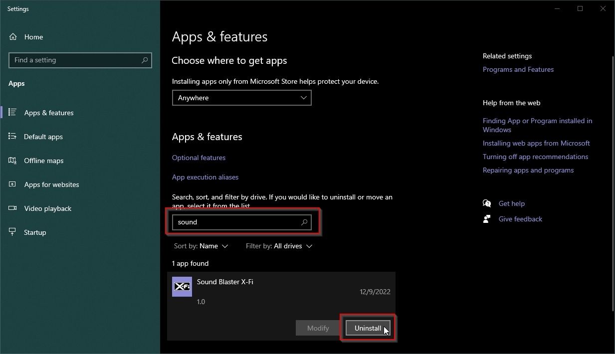 Apps and Features Uninstall Sound Blaster X Fi Software