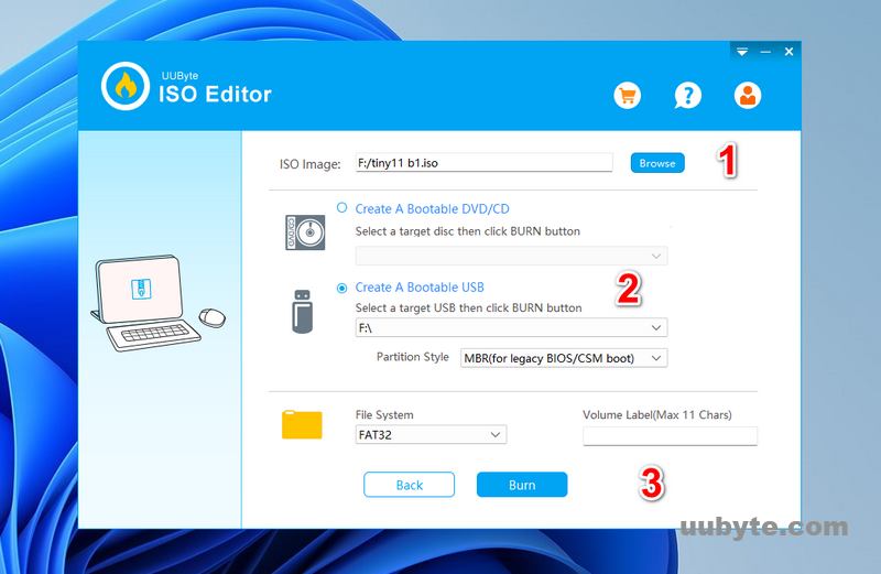 burn tiny11 iso to usb