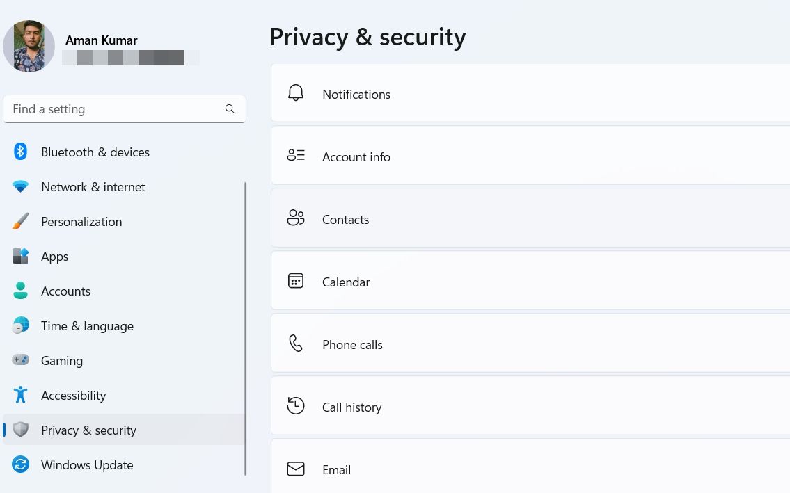 Calendar option in Privacy & security window