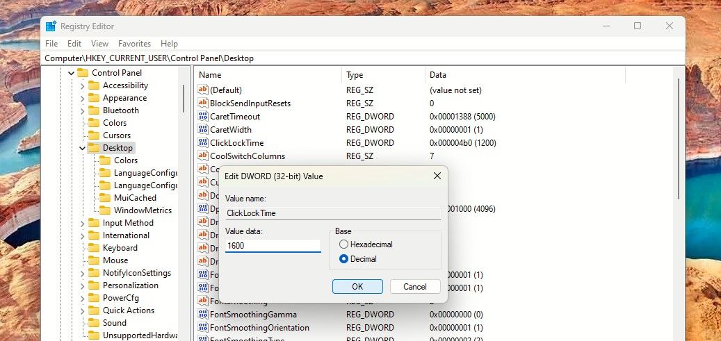 Change Clicklock Time in Registry Editor